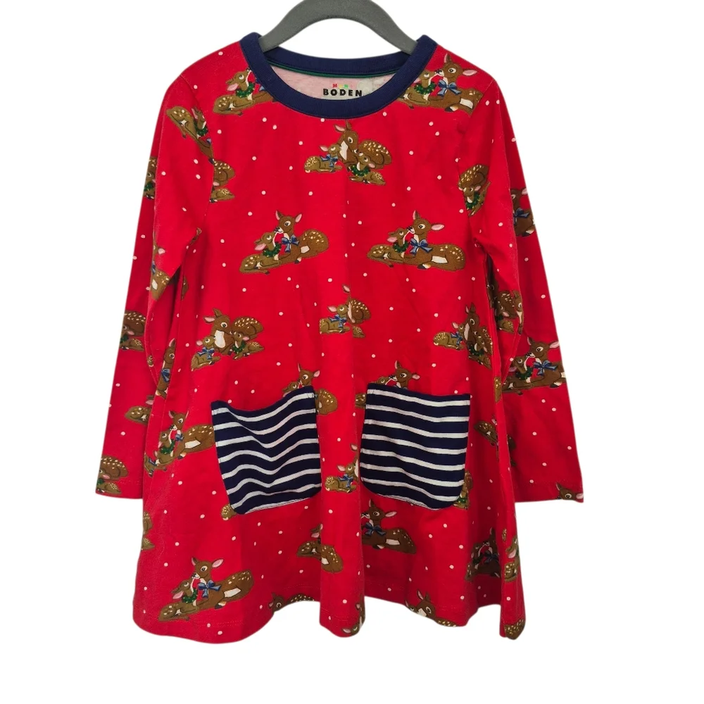 Mini Boden Red Dress Size 5-6 Long Sleeve Deer Christmas Holiday Pockets